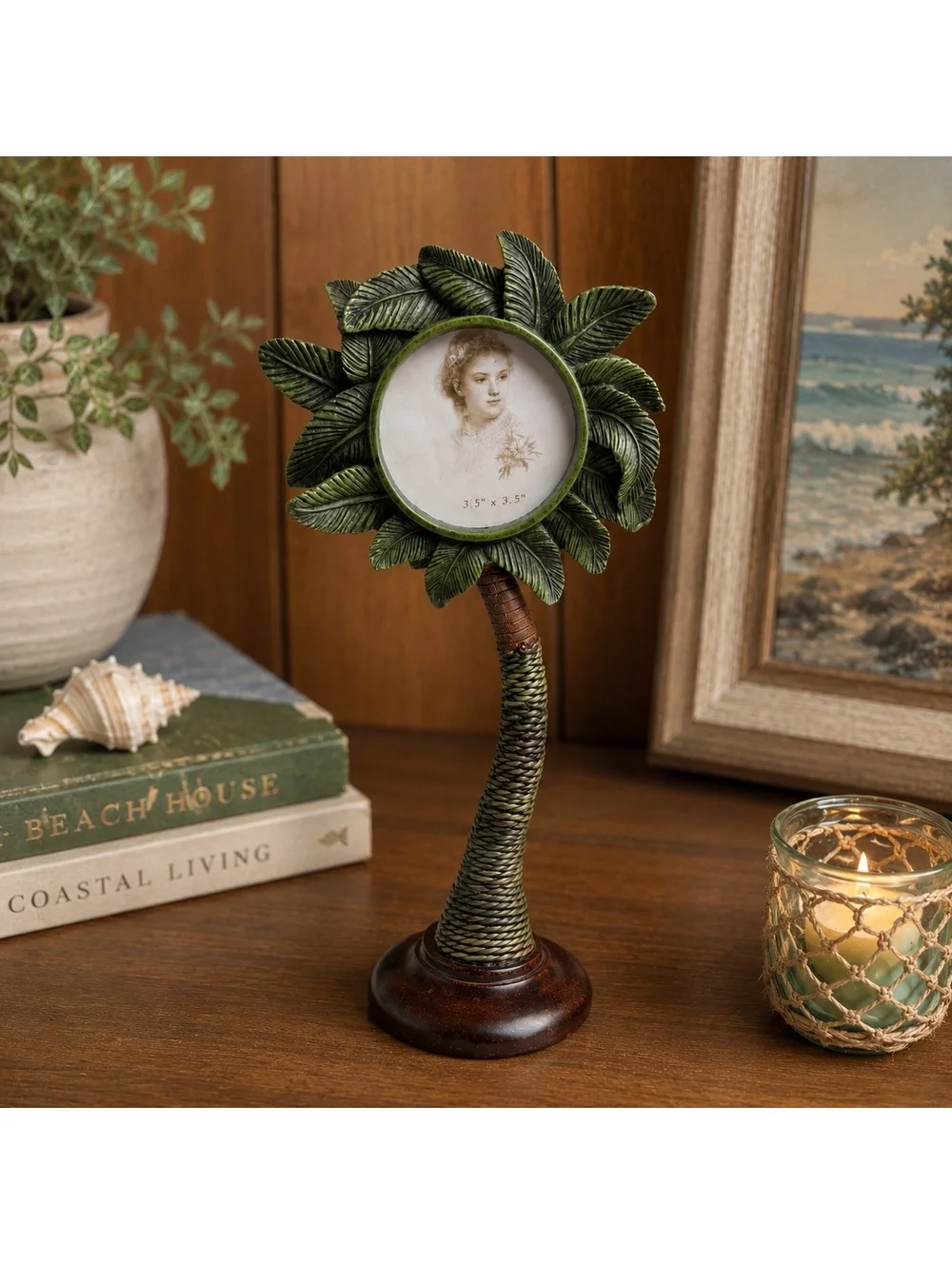 Vintage Palm Tree Picture Frame 13” Tall Tropical Coastal 3.5” Round Photo